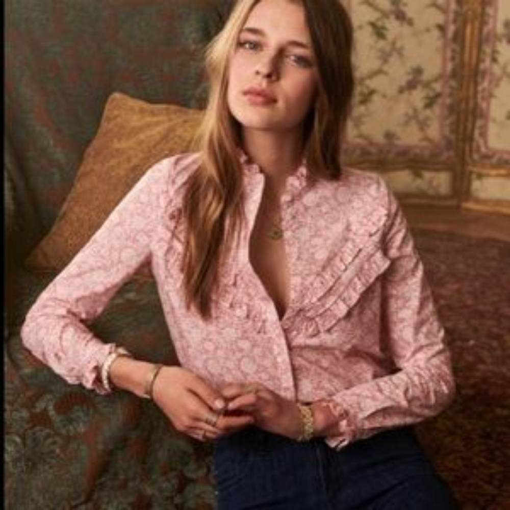 Sezane Rozy Pink Floral Ruffle Blouse sz 36